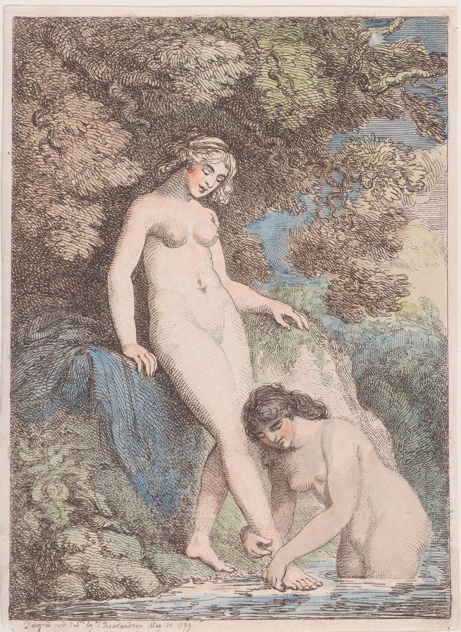 Twee nimfen badend, een wast de voet van de ander, 20 mei 1799 door Thomas Rowlandson