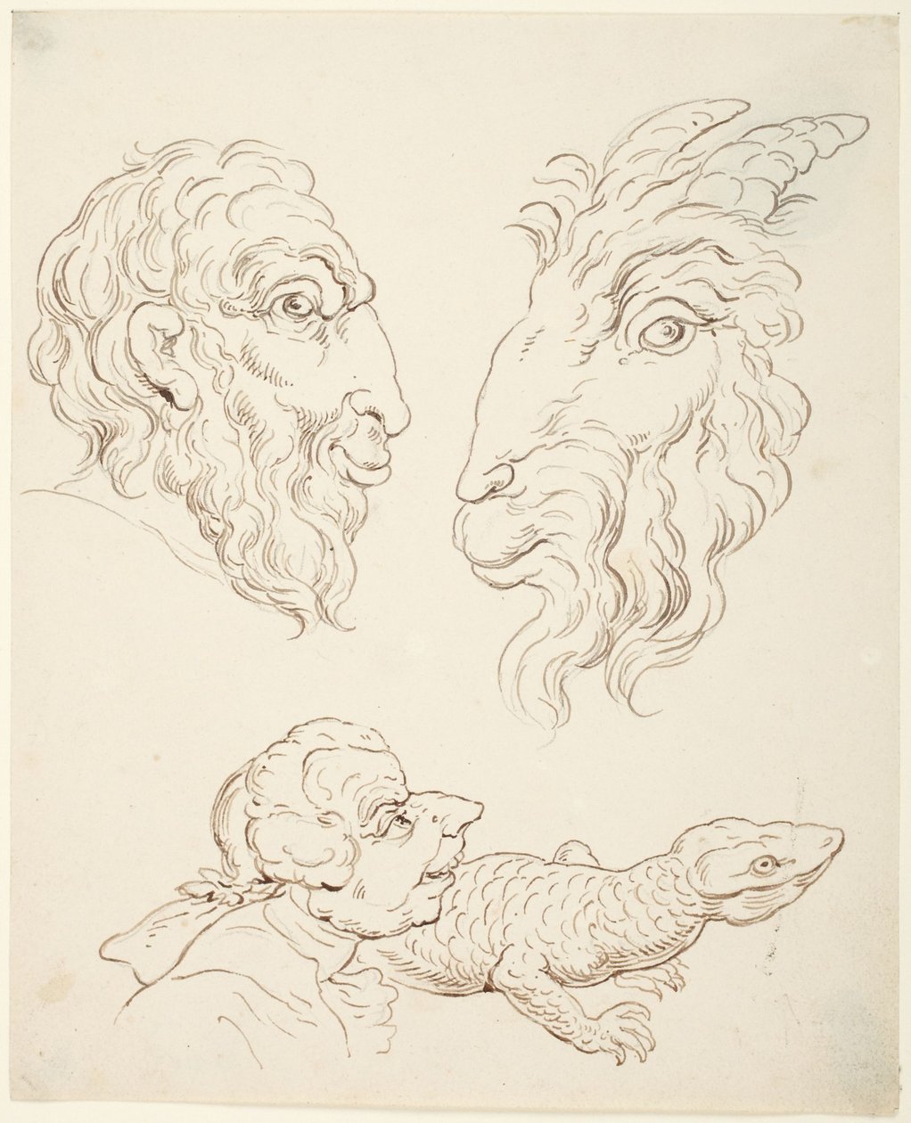 Twee karikaturen: man en geit, man en hagedis door Thomas Rowlandson
