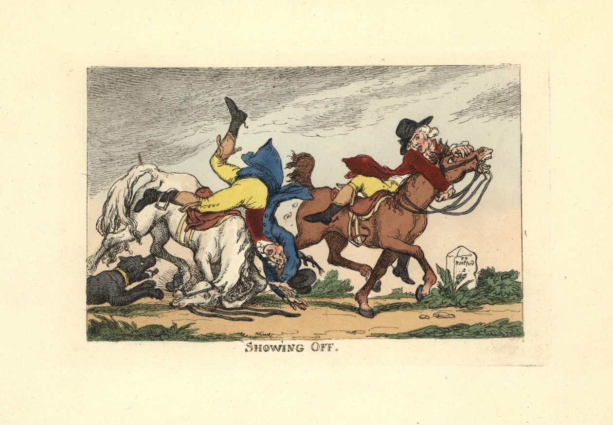 Twee mannen vallen van hun paarden na opscheppen door Thomas Rowlandson