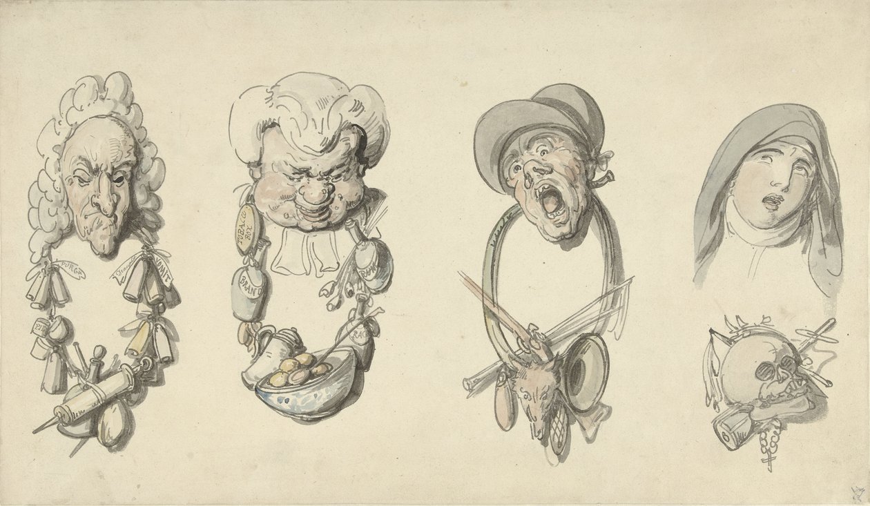 Vier karikaturale koppen door Thomas Rowlandson