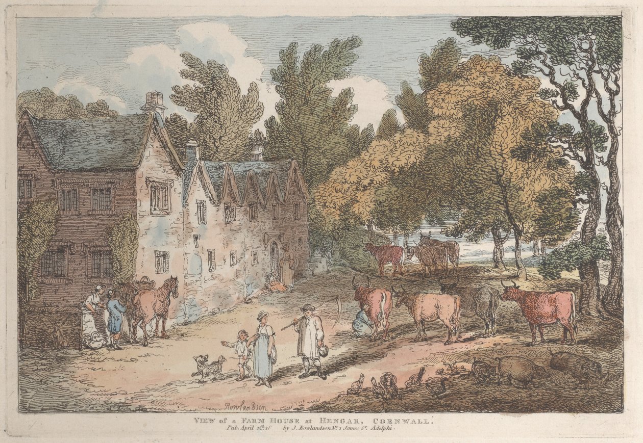 Uitzicht op een boerderij in Hengar, Cornwall door Thomas Rowlandson