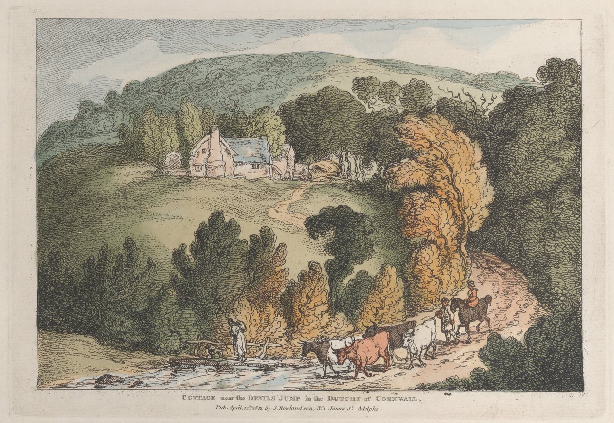 Uitzicht op de kerk en het dorp St. Cue, Cornwall door Thomas Rowlandson