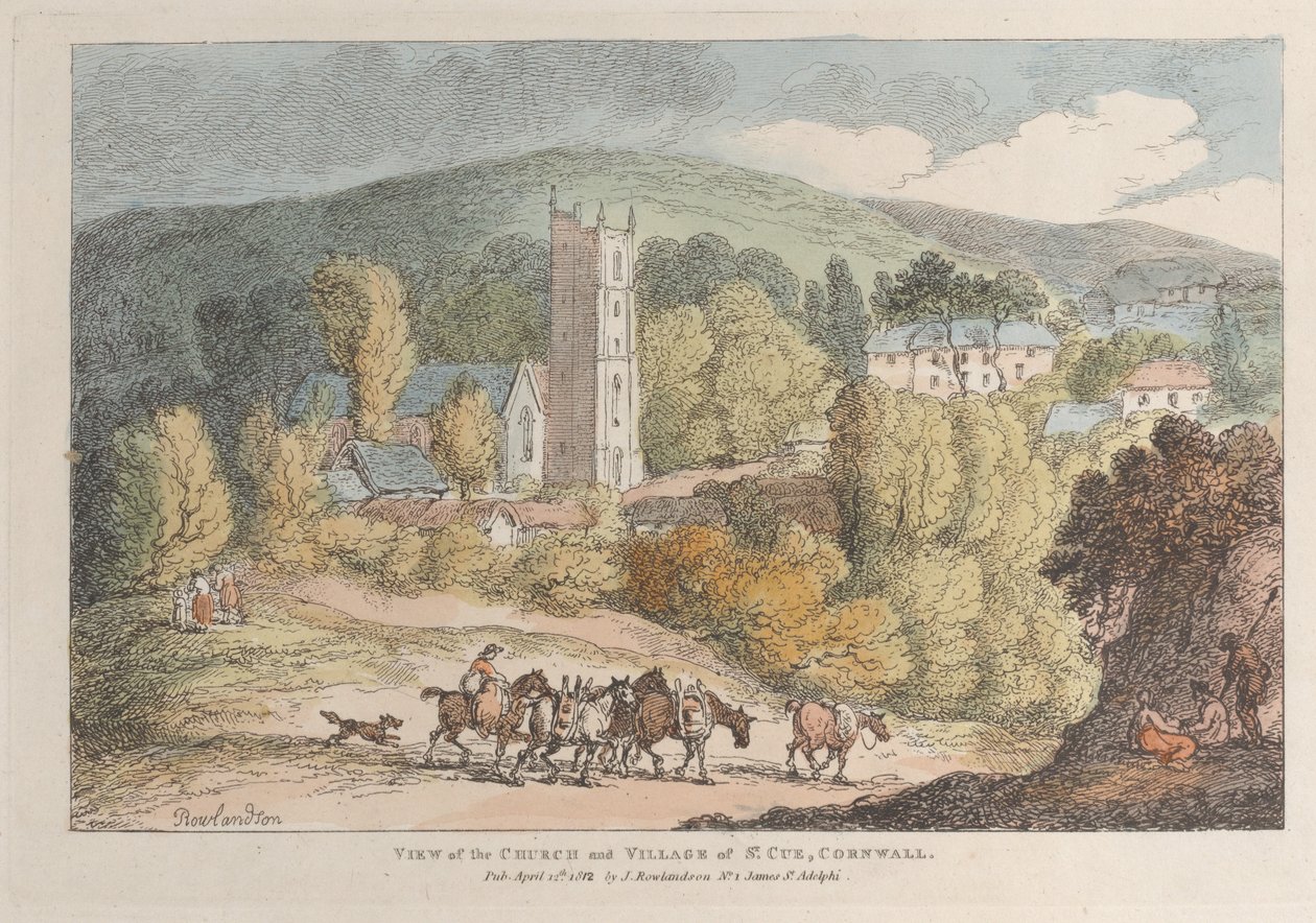 Uitzicht op de kerk en het dorp St. Cue, Cornwall door Thomas Rowlandson