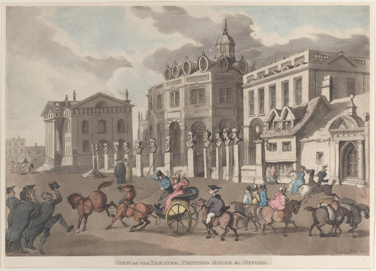 Uitzicht op het Theater, Drukkerij &c. Oxford door Thomas Rowlandson