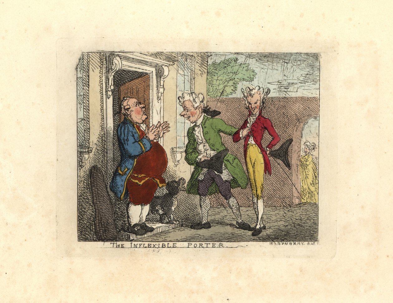 Bezoekende heren geweigerd toegang tot een huis door een bediende door Thomas Rowlandson