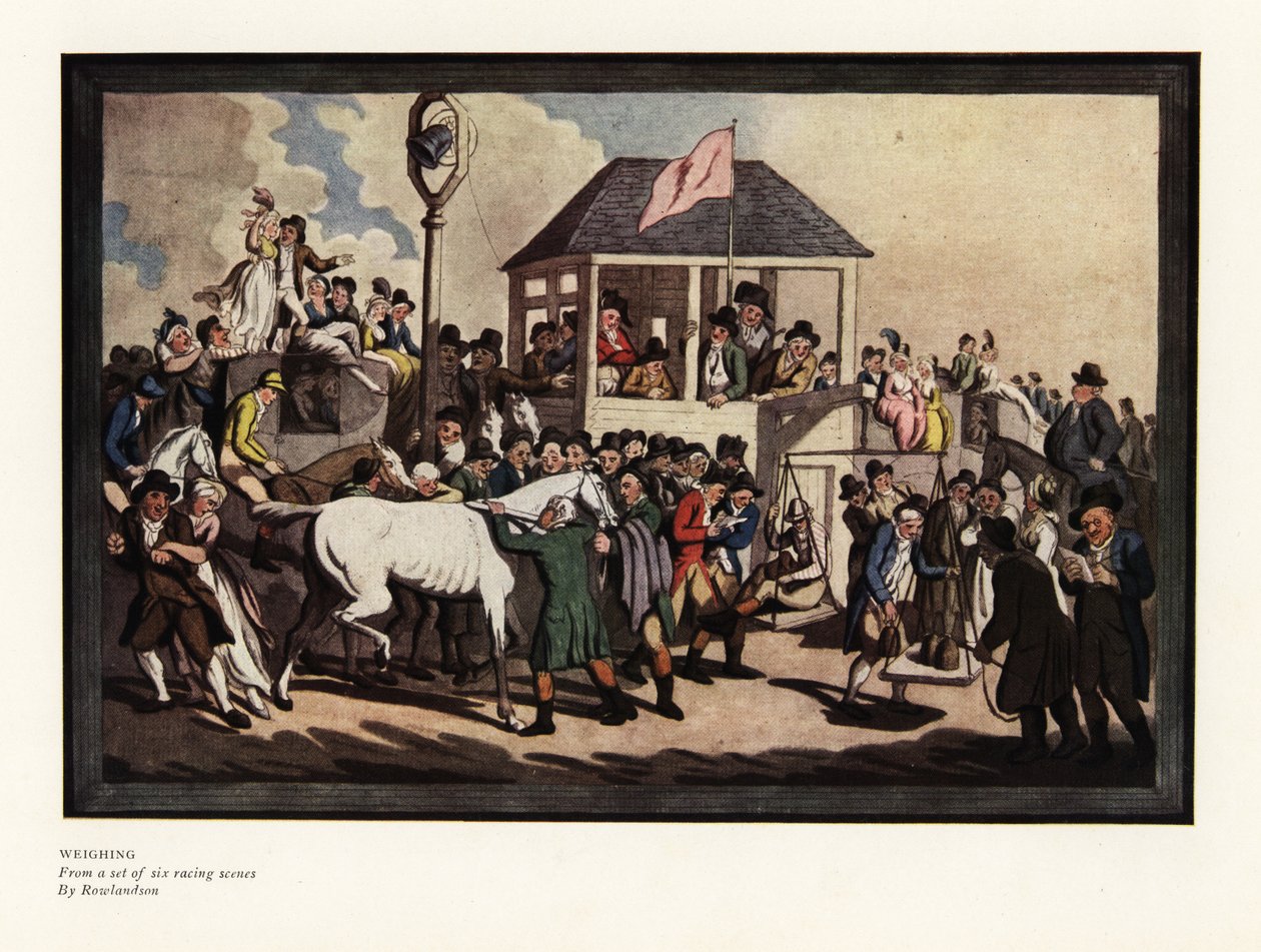 Een jockey wegen op een weegschaal op een renbaan door Thomas Rowlandson
