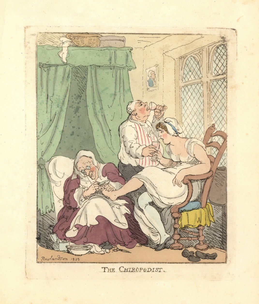 Vrouw die haar voeten pijnlijk laat behandelen door een pedicure door Thomas Rowlandson