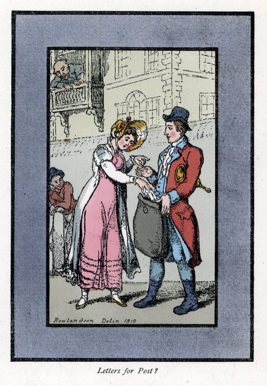 Vrouw betaalt en stopt een brief in een tas gedragen door een medewerker van de Britse Royal Post Office (houtsnede gebaseerd op een schilderij van Thomas Rowlandson) door Thomas Rowlandson