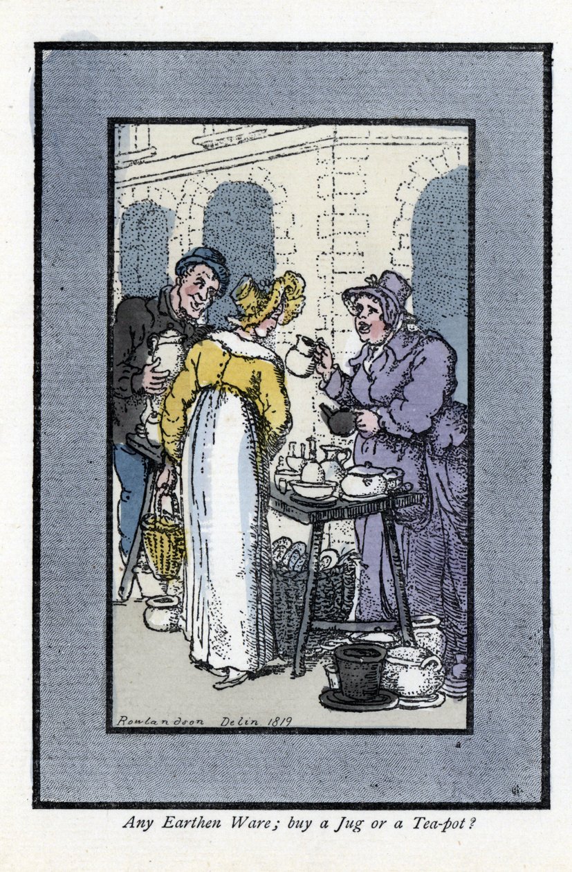 Vrouw die kruiken, theepotten en kommen verkoopt op een straathoek. Een elegante jonge vrouw bekijkt de goederen. Houtsnede, gebaseerd op een schilderij van Thomas Rowlandson, gepubliceerd in The Cris of London door Thomas Rowlandson