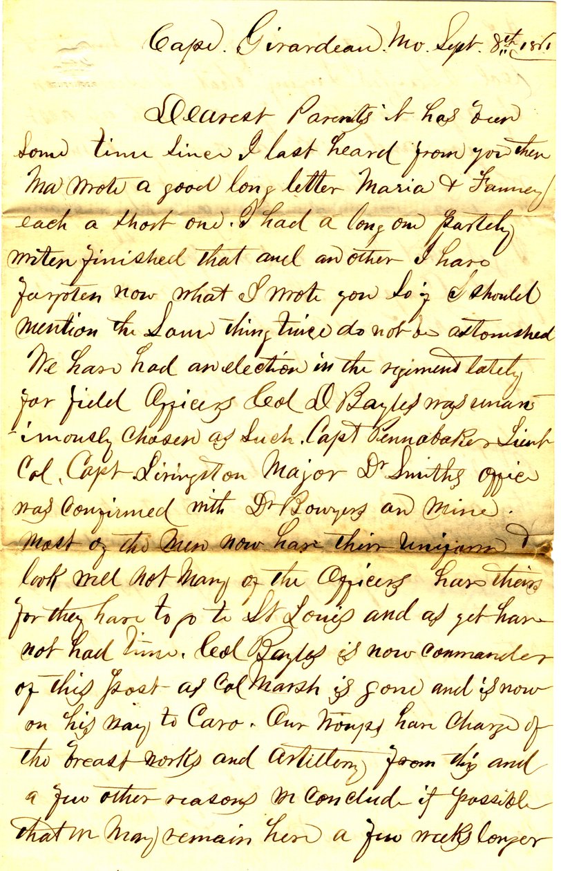 Brief ondertekend T.S. Hawley, Cape Girardeau, Missouri, aan ouders, 8 september 1861 door Thomas S. Hawley