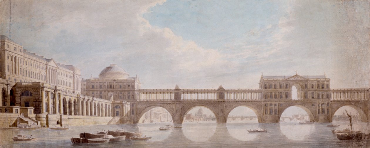 Voorgesteld ontwerp voor een brug over de rivier de Theems bij Somerset House door Thomas Sandby