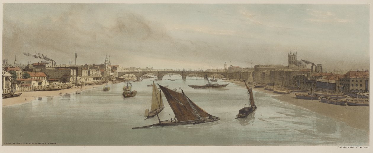 Londen zoals het is: London Bridge, vanaf Southwark Bridge door Thomas Shotter Boys