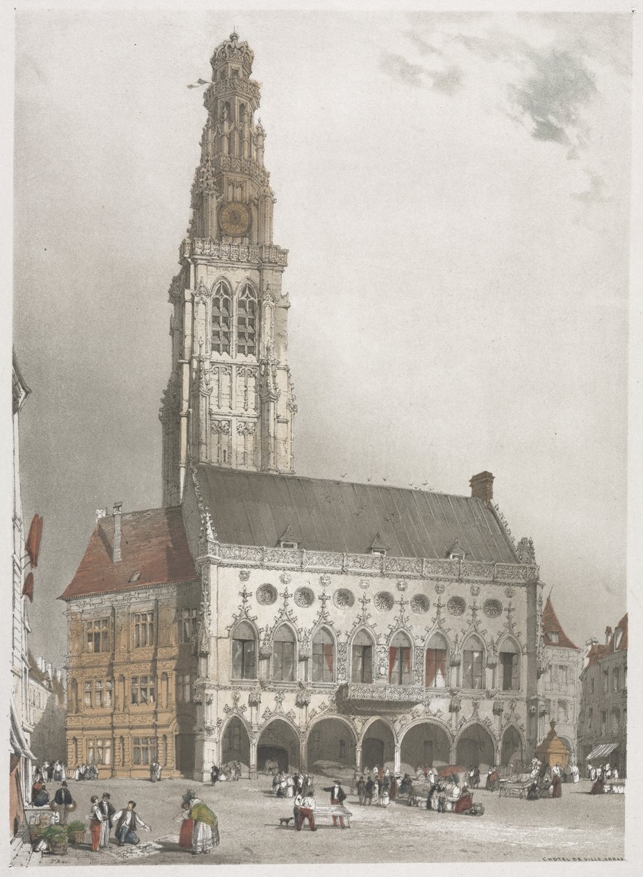 Pittoreske architectuur in Parijs, Gent, Antwerpen, Rouen: Het stadhuis, Arras, Frankrijk door Thomas Shotter Boys
