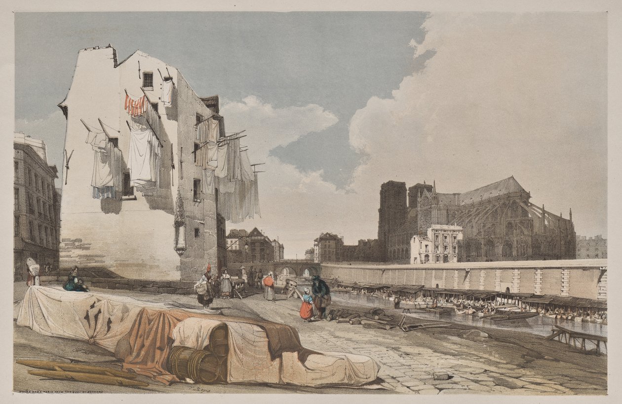 Pittoreske architectuur in Parijs, Gent, Antwerpen, Rouen: Nôtre Dame, Parijs, vanaf de Quai St. Bernard door Thomas Shotter Boys