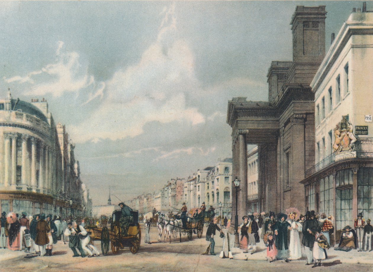 Uitzicht op Regent Street richting het kwadrant met Hanover Chapel op de voorgrond, 1842 door Thomas Shotter Boys