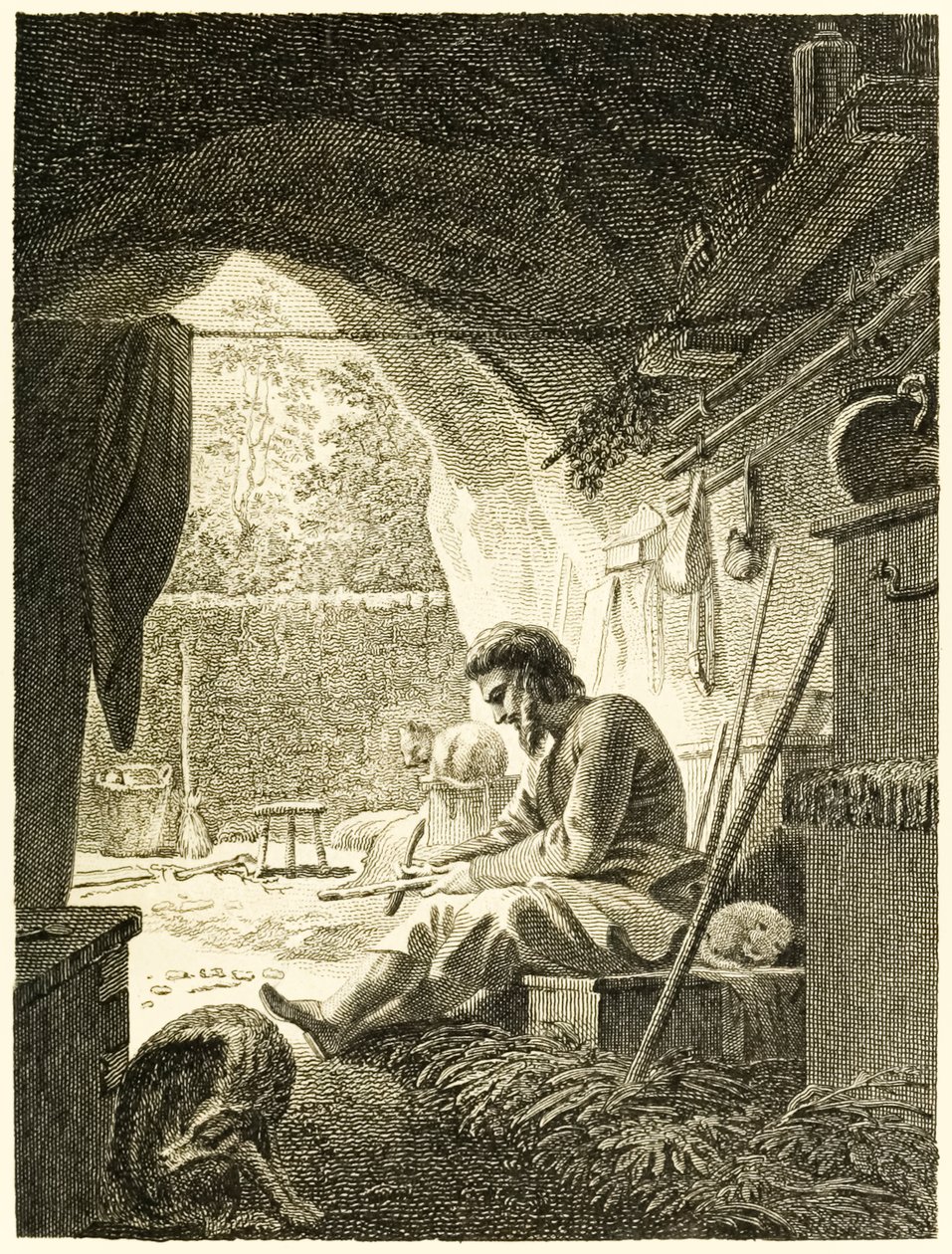 Robinson Crusoe aan het werk in zijn grot uit 
