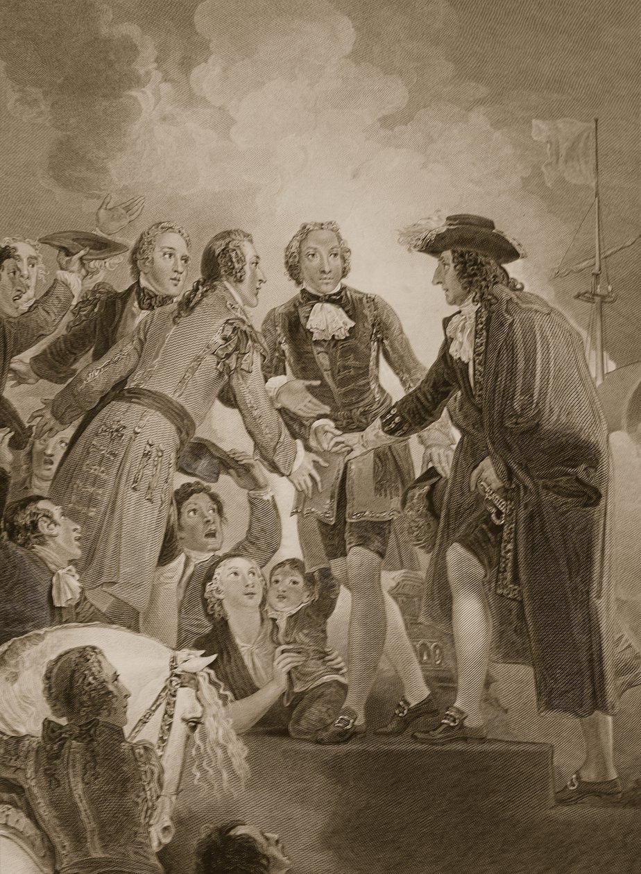 De landing van Willem III in Torbay, gegraveerd door George Noble, illustratie uit David Hume