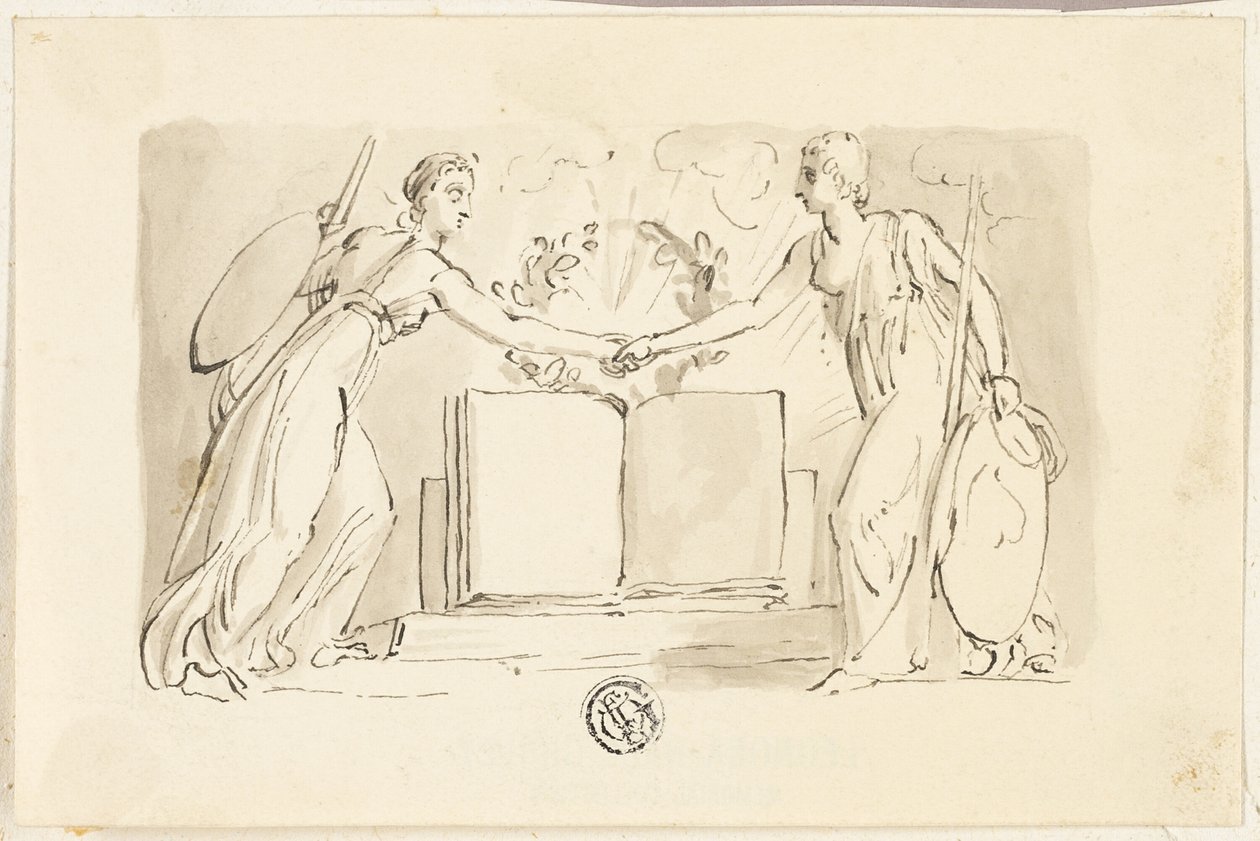 Twee allegorische vrouwelijke figuren die handen schudden voor een boek door Thomas Stothard