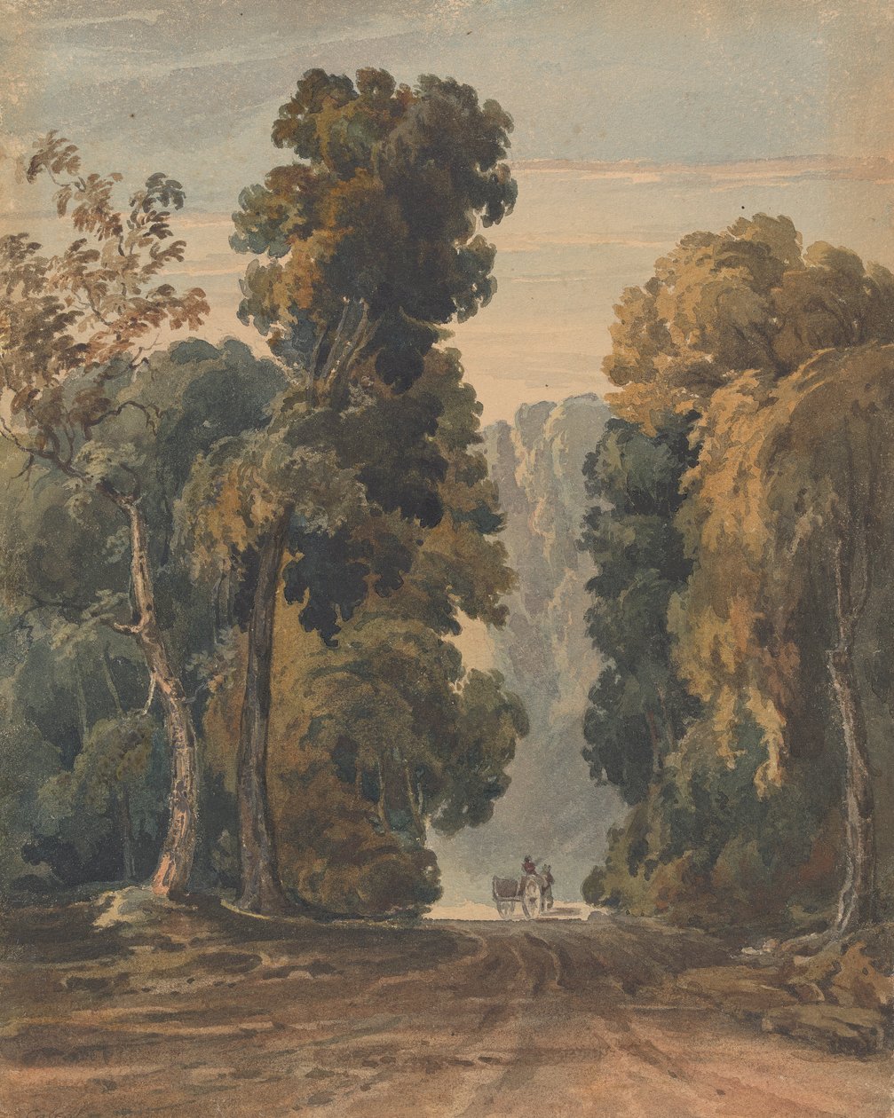 Paard, kar en bestuurder op brede, met bomen omzoomde laan door Thomas Sully