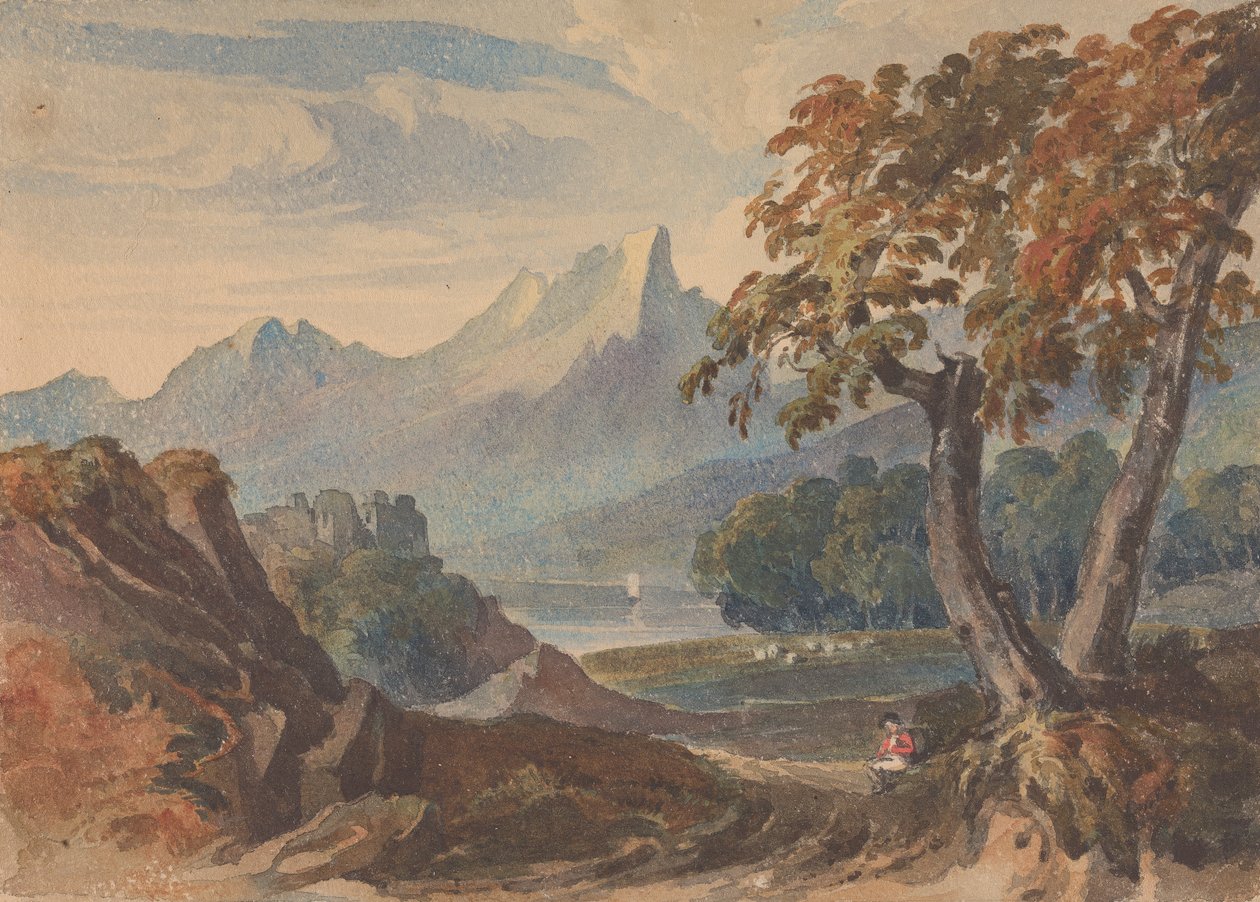 Landschap met bergen, meerkasteel, zittende figuur op de voorgrond door Thomas Sully
