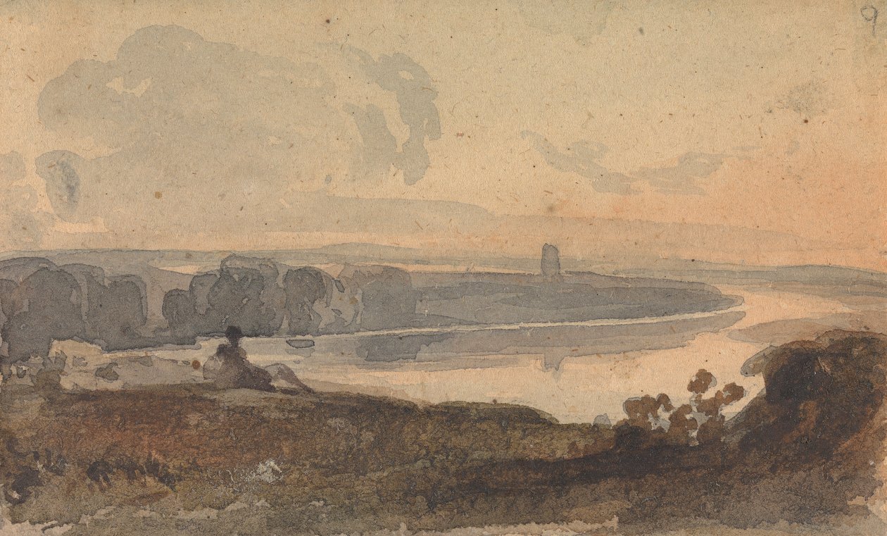 Landschap, met kronkelende rivier, figuur op heuvel in de voorgrond door Thomas Sully