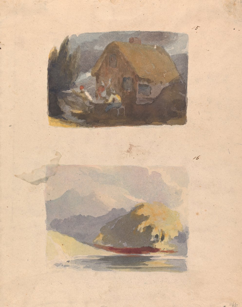 Twee tekeningen op één blad: Cottage met figuren ervoor (nr. 15); Landschap met rivier en bergen - zonneschijn (nr. 16) door Thomas Sully