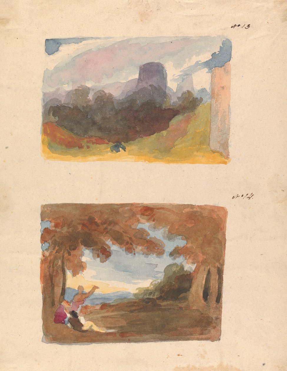Twee Tekeningen op Eén Blad: Landschap met Kasteel - Moderne Manier (nr. 13); Landschap met Figuren op de Voorgrond (nr. 14) door Thomas Sully