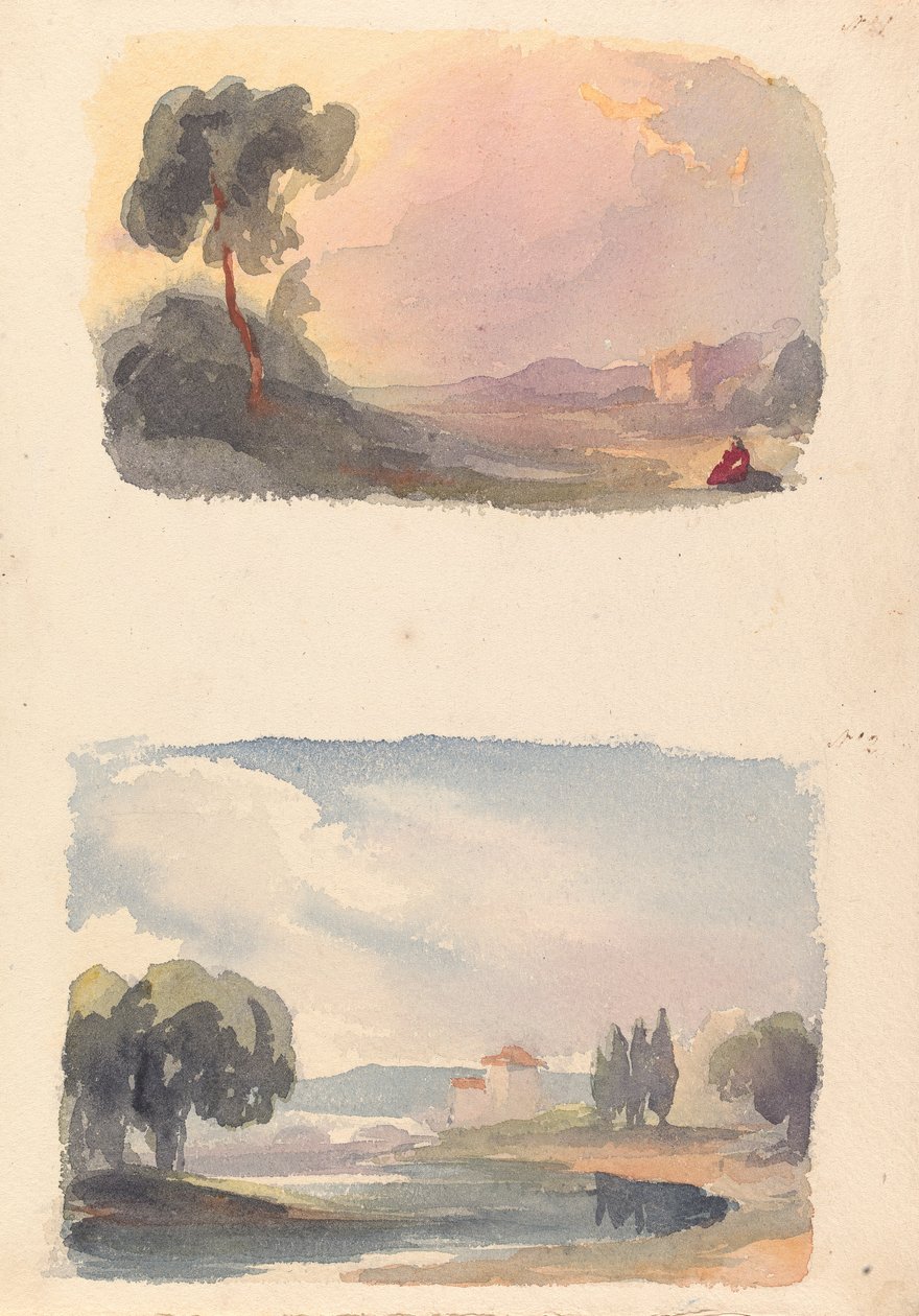 Twee Tekeningen op Eén Blad: Landschap met Bergen in de Verte en Zittende Figuren op de Voorgrond (nr. 1); Landschap met Rivier en Gebouw, Bergen in de Verte (nr. 2) door Thomas Sully