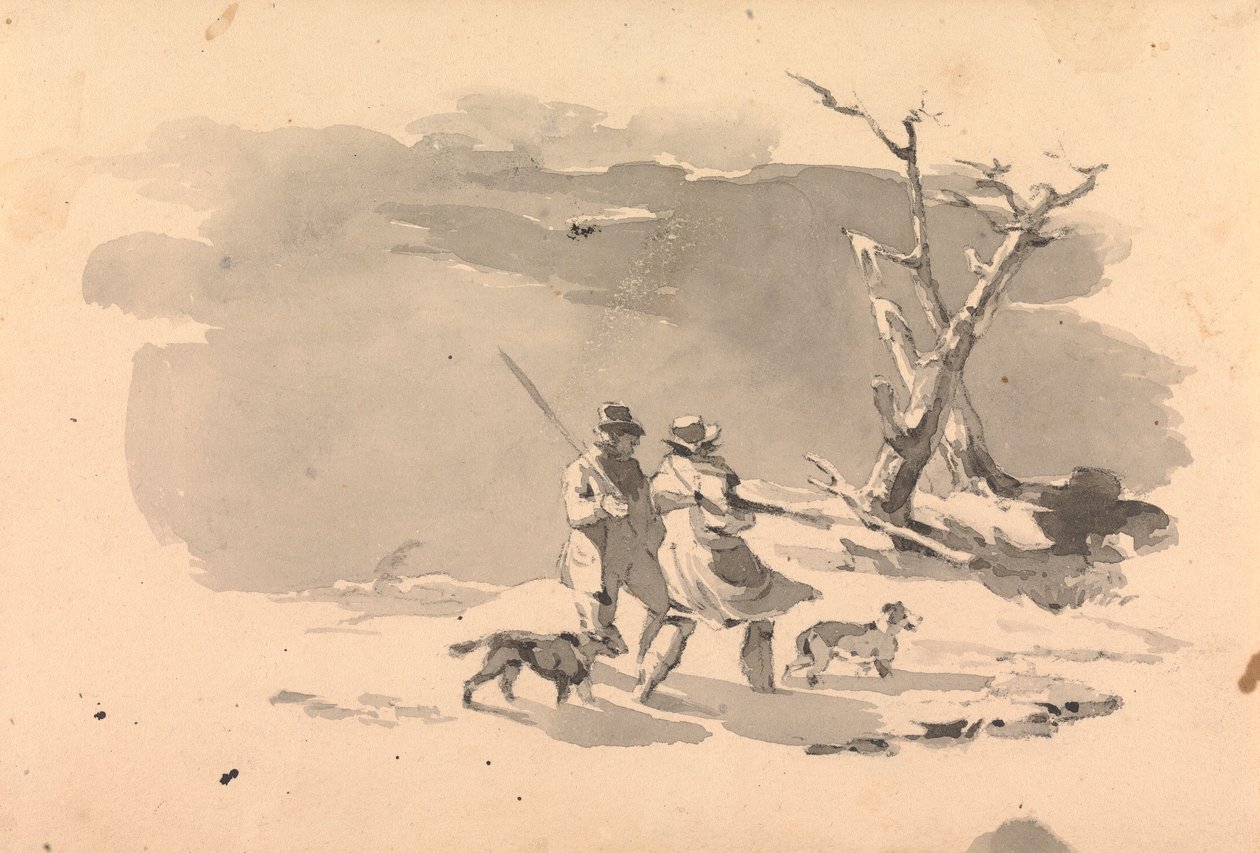 Twee jagers en twee honden in winterscène door Thomas Sully