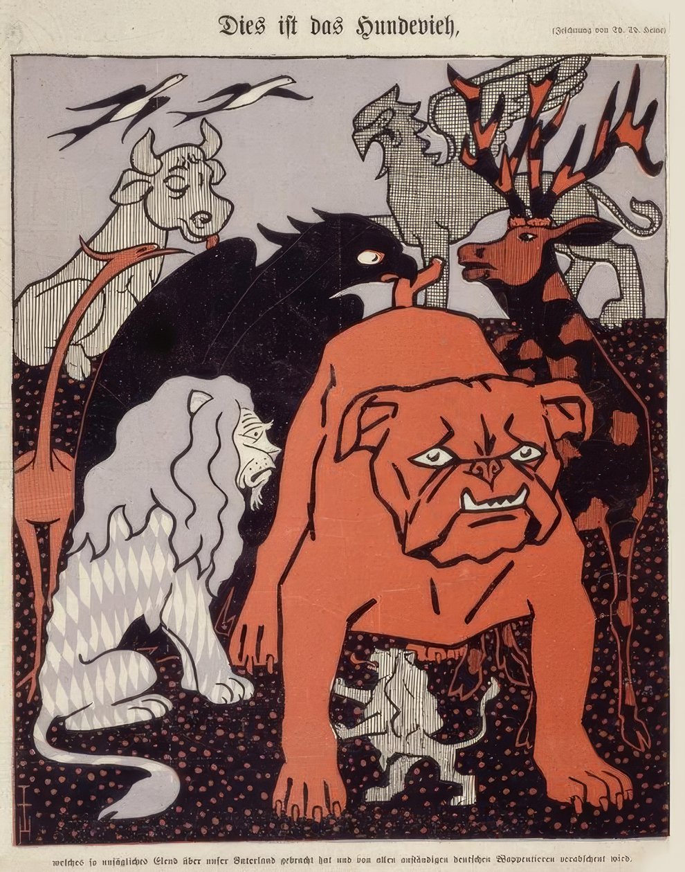 Dit is het hondenbeest dat zoveel onuitsprekelijk leed over ons vaderland heeft gebracht en door alle fatsoenlijke Duitse wapendieren wordt verafschuwd door Thomas Theodor Heine