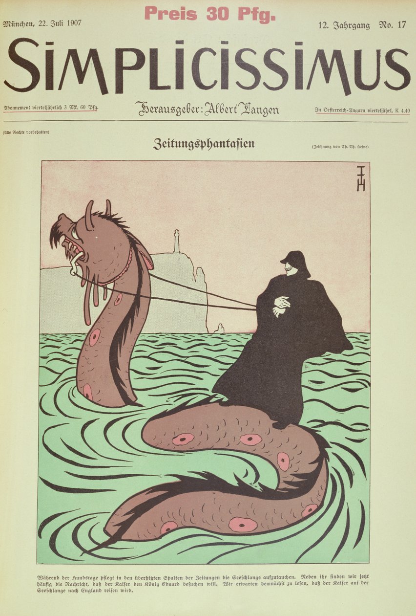 Kaiser rijdt de Zeeslang naar Engeland, omslag Illustratie van Simplicissimus door Thomas Theodor Heine