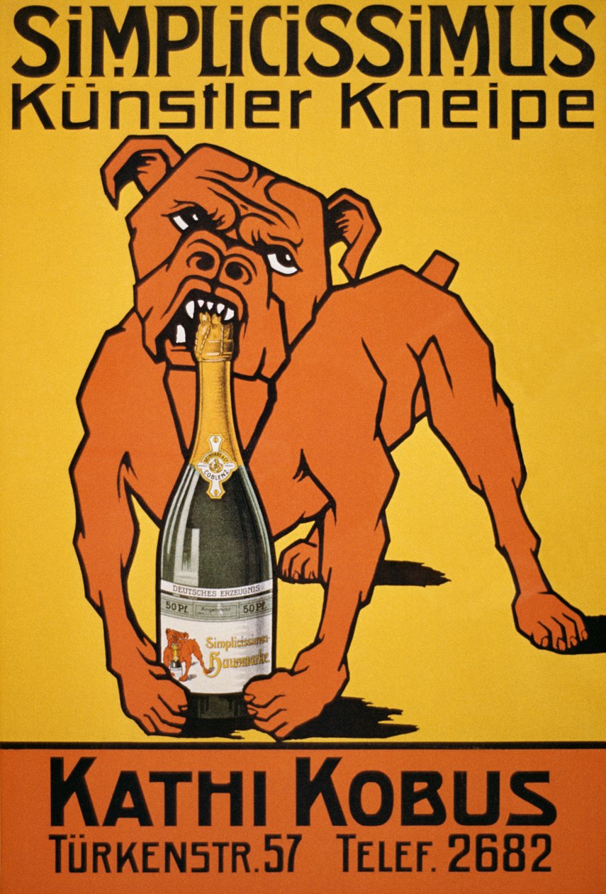 Vintage poster van bulldog die champagnefles bijt door Thomas Theodor Heine