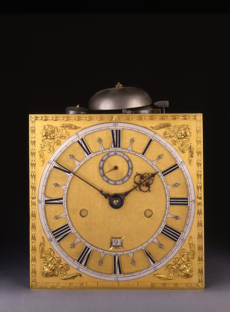 Detail van een Charles II Romeinse slagklok met maandgang door Thomas Tompion