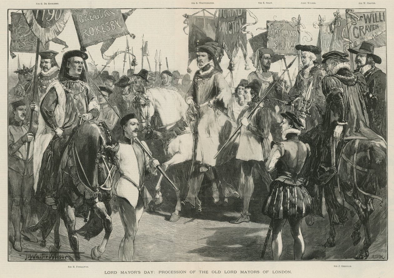Dag van de burgemeester: Optocht van de oude Lord Mayors van Londen (litho) door Thomas Walter Wilson