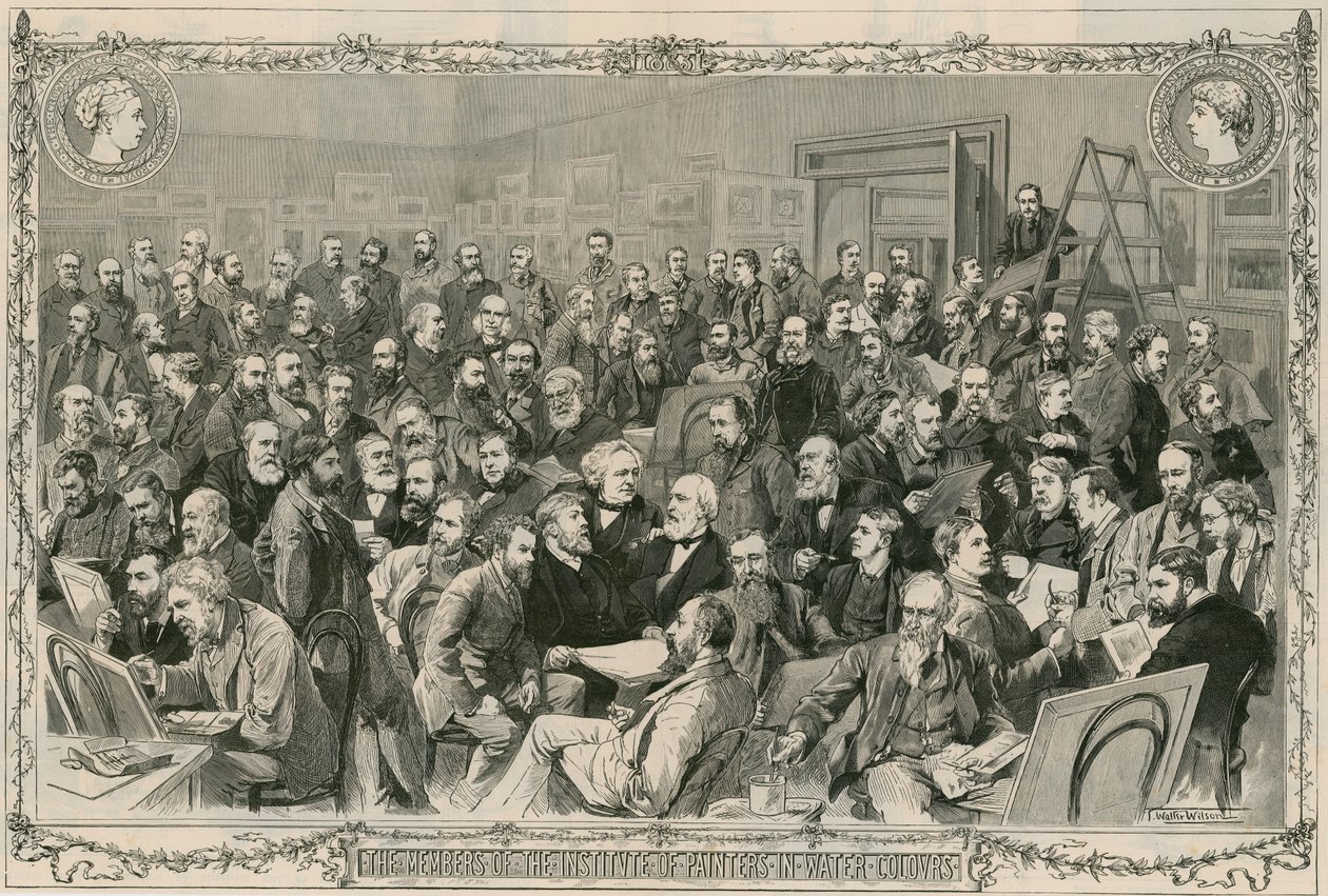 De leden van het Instituut van Schilders in Waterkleuren (gravure) door Thomas Walter Wilson