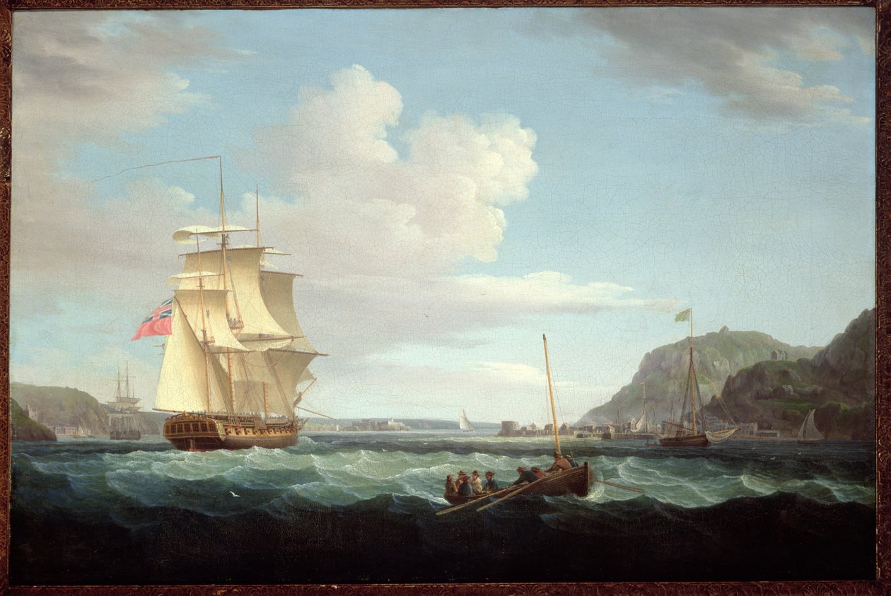 Een Britse fregat met een sloep bij de kaap van Gallows Hill, Broad Bay, Isle of Lewis, Hebriden door Thomas Whitcombe