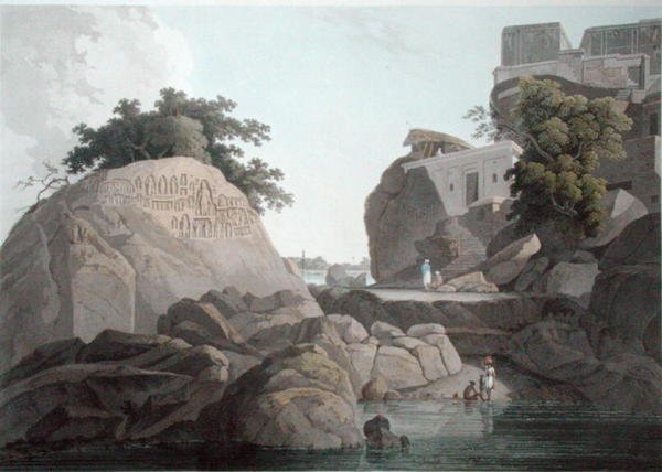 Zuidoostelijk uitzicht op de Fakeers Rots aan de rivier de Ganges, nabij Sultaungunge, plaat X uit 