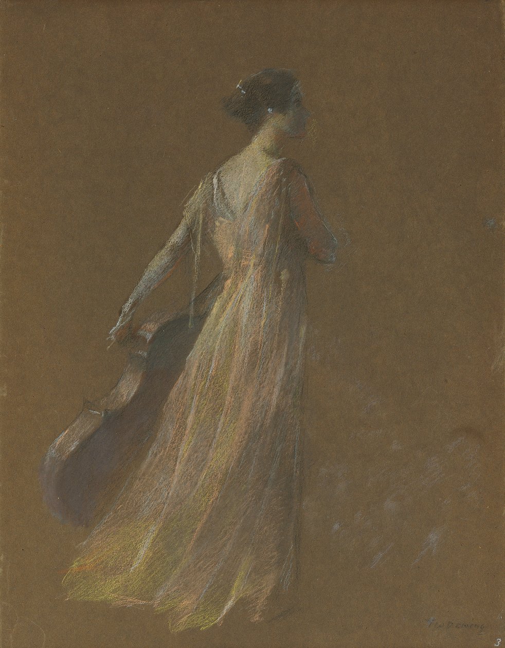 Dame staand met een cello door Thomas Wilmer Dewing