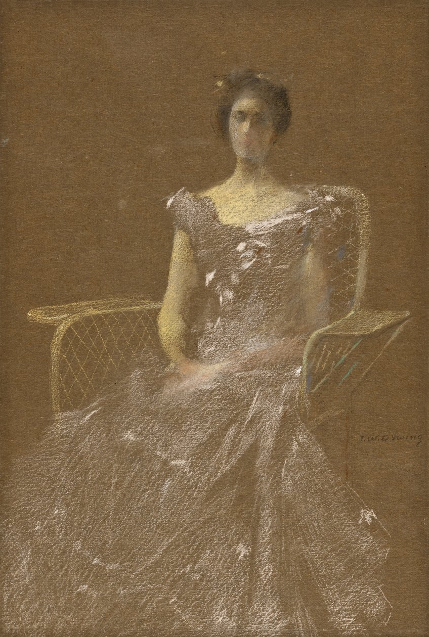 Dame in rotan fauteuil door Thomas Wilmer Dewing