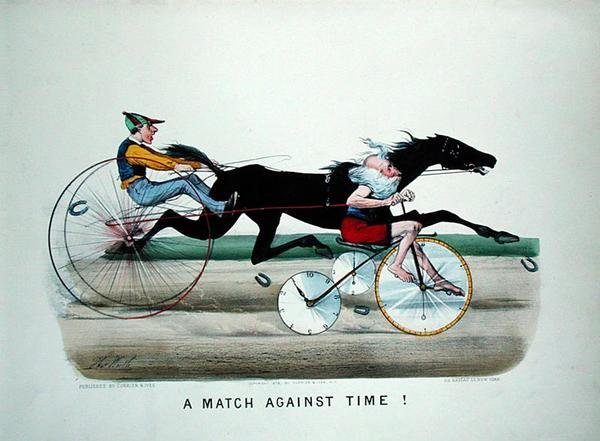 Een Wedstrijd Tegen de Tijd, race tussen een paard en vader Tijd op een fiets door Thomas Worth