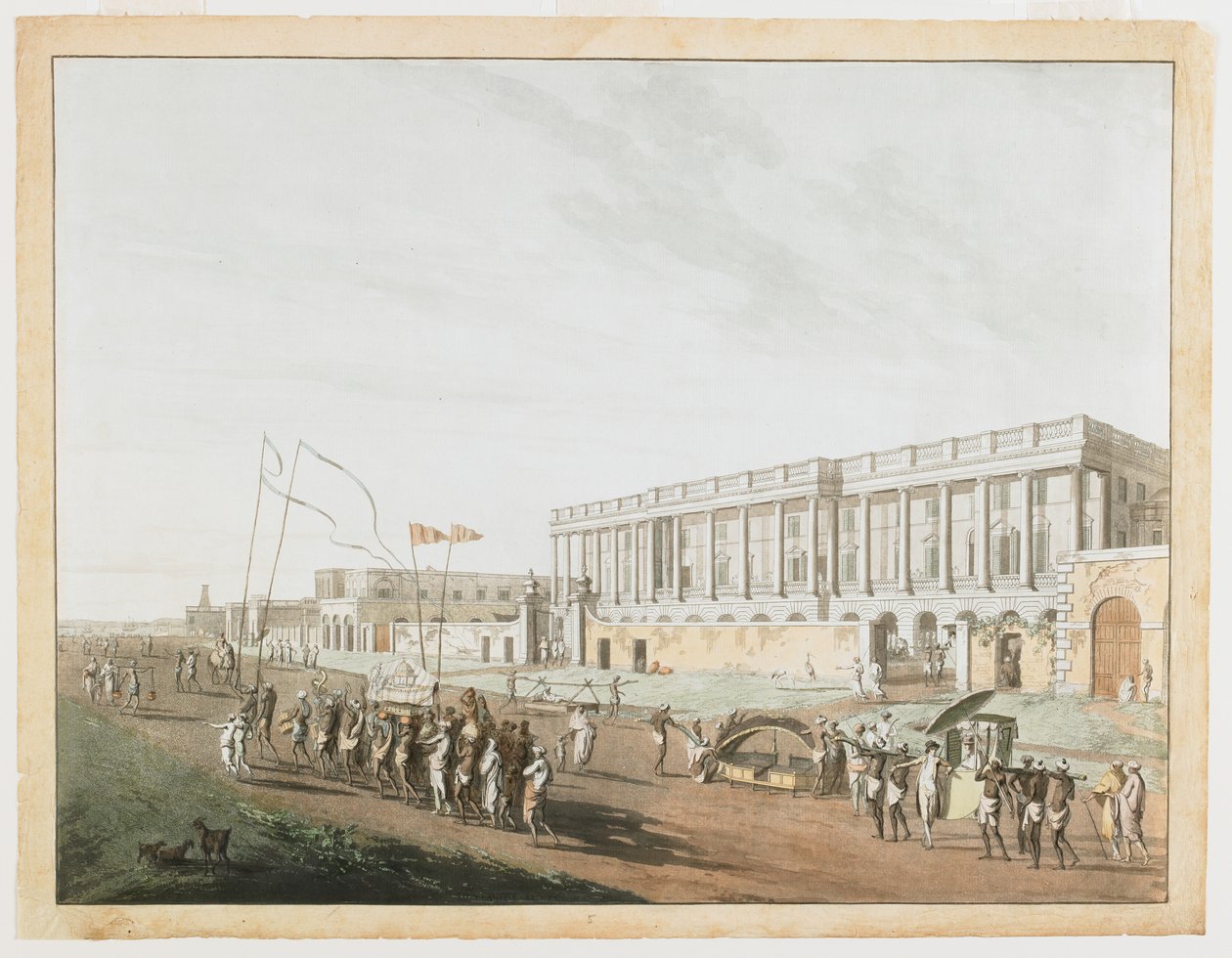 Het Nieuwe Gerechtsgebouw en Chandpam Ghaut uit de Zichten van Calcutta door Thomas und William Daniell