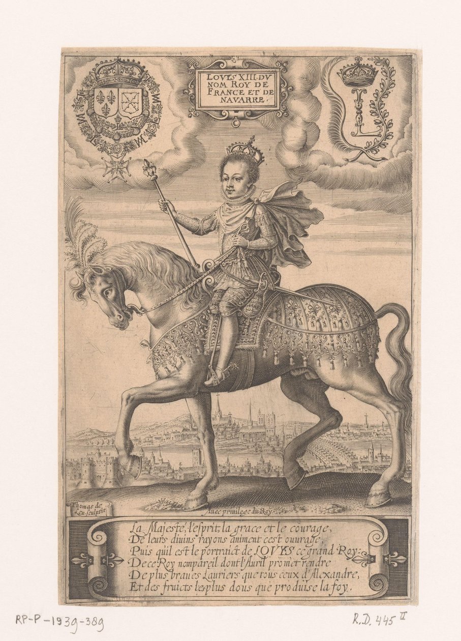 Portret van Lodewijk XIII te paard, met op de achtergrond een gezicht op Parijs door Thomas de Leu