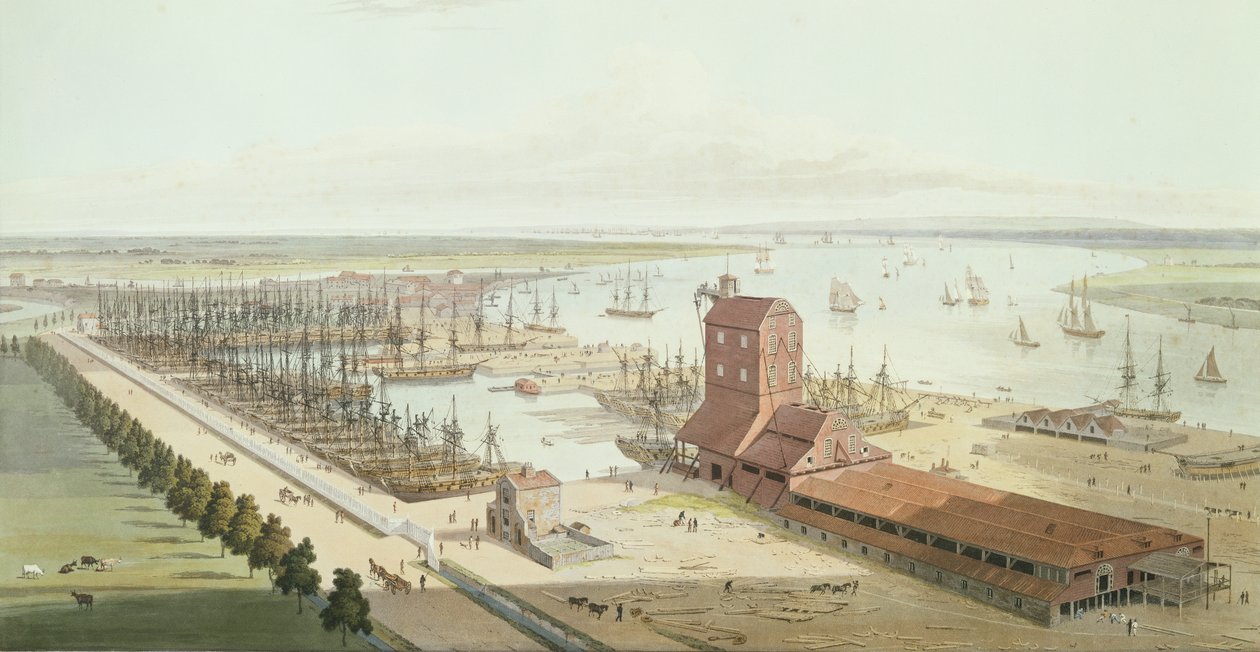 Het Mast House en Brunswick Dock in Blackwell, 1803 door Thomas und William Daniell