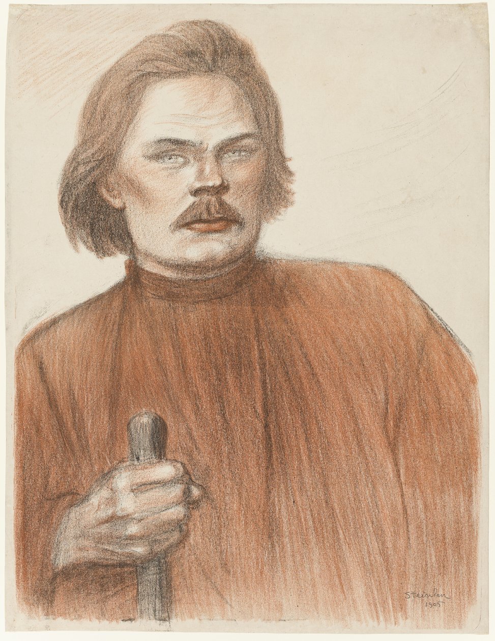 Frontaal portret vanaf de taille van Maxime Gorki door Théophile Alexandre Pierre Steinlen