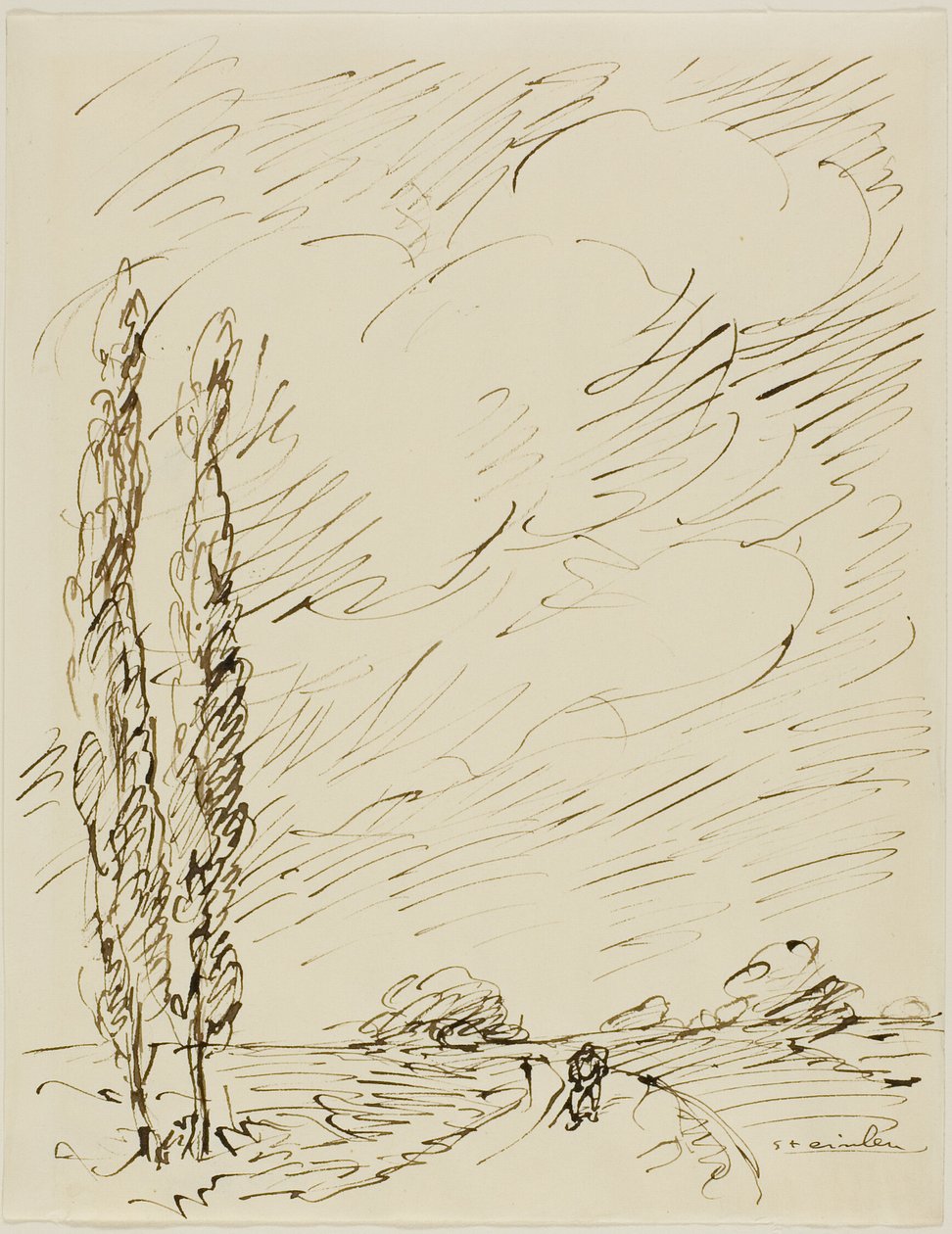 Zwerver op een weg met twee populierenbomen door Théophile Alexandre Pierre Steinlen