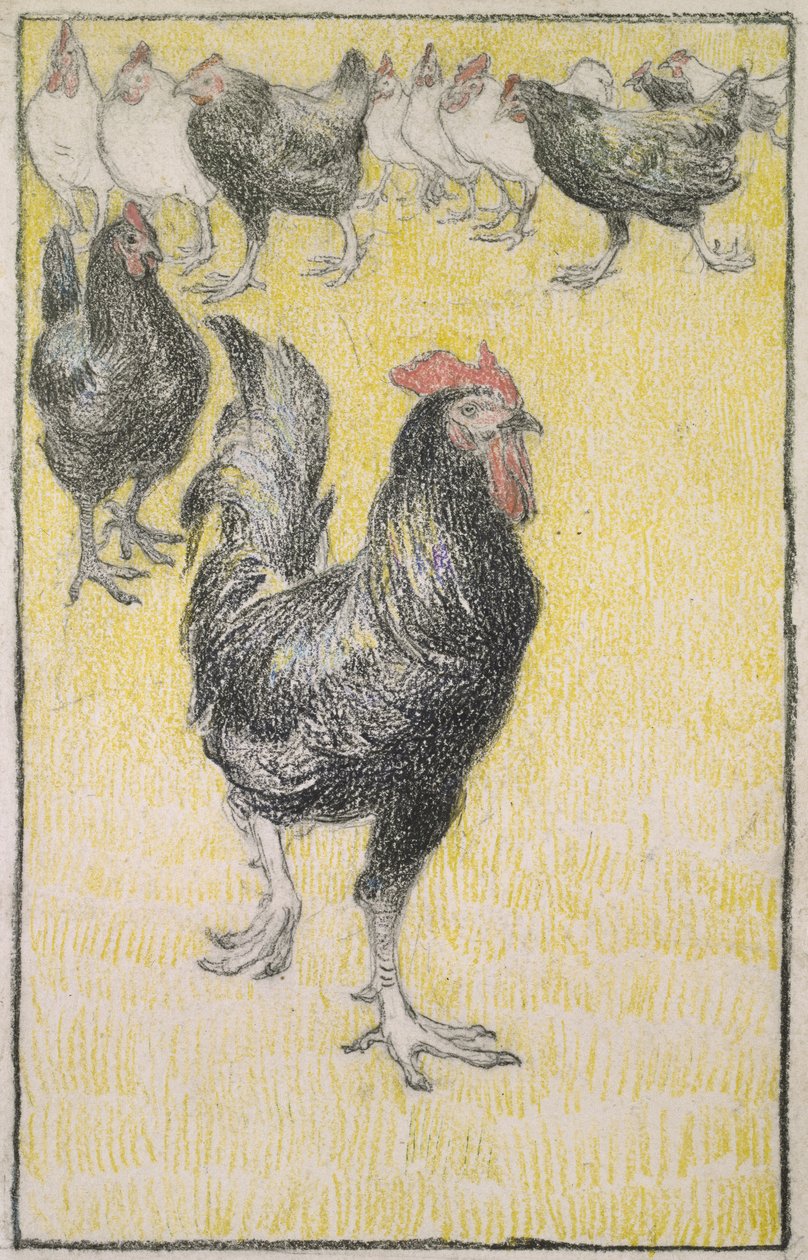 Haan, gevolgd door zwarte en witte kippen door Théophile Alexandre Steinlen