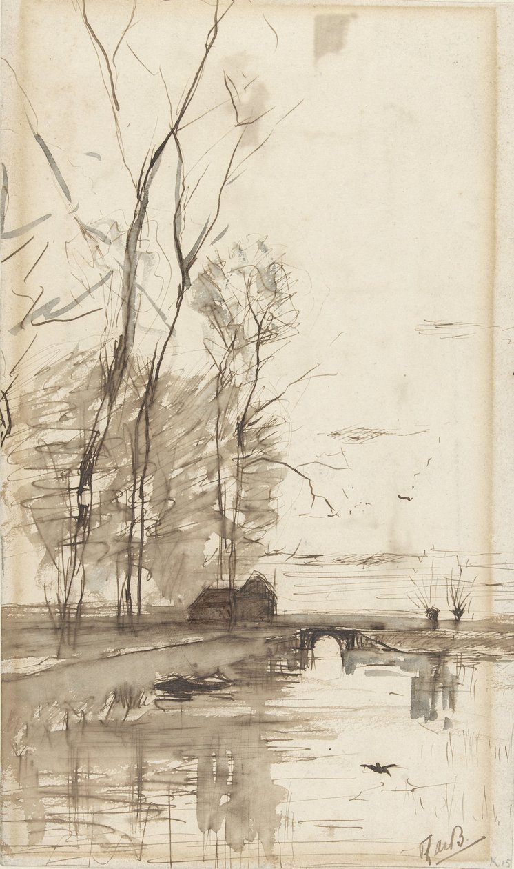 Vaartgezicht met hoge bomen, een boerderijtje en een brug door Théophile de Bock (possibly)