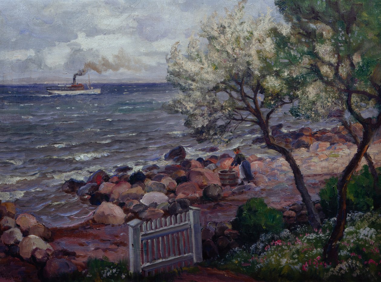 Zomerlandschap met tuinhek en vrouw door Thorolf Holmboe