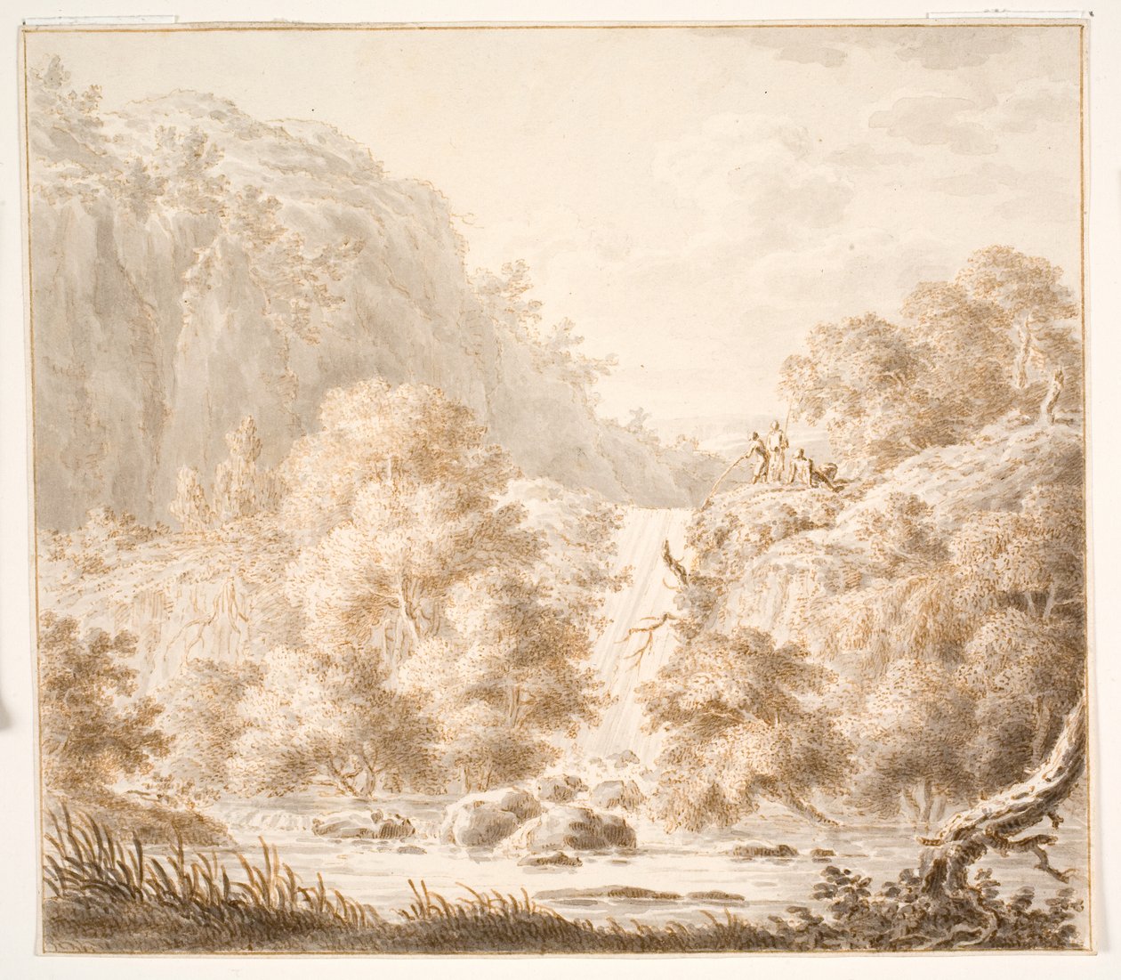 Berglandschap met bomen en waterval, en drie figuren door Thorsten Elias Hjaltelin
