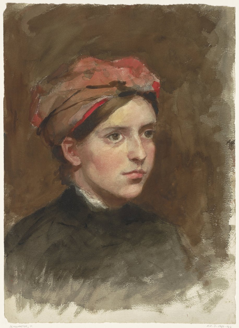 Portret van een jonge vrouw met een rode hoofddoek door Thérèse Schwartze